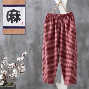 กางเกงขายาวทรงหลวมสบายๆ สำหรับผู้หญิง ทรงไฮเวย์ กางเกงขายาวทรงฮาราจูกุ ทรงเอวสูง ความยาวปานกลาง ผ้าฝ้ายลินินลายสก็อต