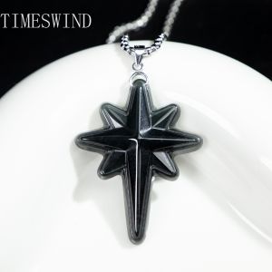 TIMESWIND Natural Original A-Type Jade Black eight-pointed star Pendant Titanium Steel Necklace for Women Men gift with Certificate