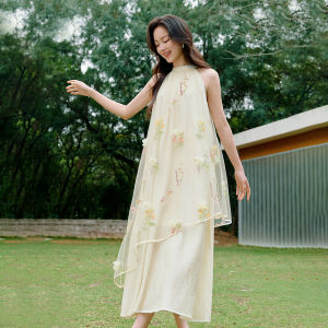 INMAN | Inman French Style Plant Embroidery Sleeveless Neck Hanging Dress Women Summer New Beach Sand Long Dress Casual Loose Waist
