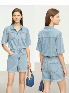 AMII | Vintage Distressed Cotton Lapel Shoulder Dropping Womens Romper