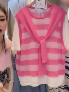 Mùa Hè Size Lớn Dệt Kim Ice Silk Áo Thun Nữ Sọc Dáng Rộng Giả 2 Nhún Vai Nữ Tay Ngắn