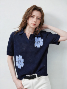 Toyouth | Knitted Ice Silk Polo Top Lace Flowers