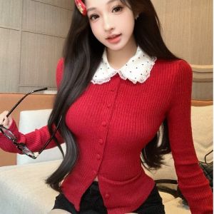 GUZILIAN | Retro Red Polka Dot Long Sleeve Knitted Cardigan Womens Winter Slim Fit Sweater Jacket Sweet Style Short Top