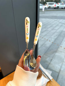 Cute Cartoon Puppy Spoon Student 304 Stainless Steel Porcelain Handle Soup Spoon Spoon Kids Eating Spoon Fork Tableware