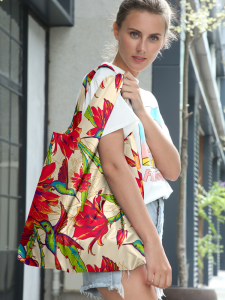 กระเป๋าช้อปปิ้งเป็นมิตรกับสิ่งแวดล้อมพับได้แฟชั่นลายดอกสีแดงลายนกถุงช้อปปิ้งถุงหิ้วกระเป๋าสะพายไหล่ถุงเก็บของกระเป๋าผ้าถุงของขวัญ