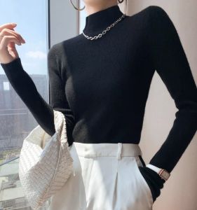 เสื้อสเวตเตอร์ถักคอปกสูงครึ่งตัวผู้หญิง แขนยาว ทรงสลิมฟิต เสื้อชั้นในผ้าขนสัตว์ แฟชั่นฤดูใบไม้ร่วง/ฤดูหนาว