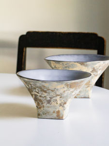 French Style Handmade Ceramic High Footed Dessert Bowl Creative Dining Utensils Geometric Pattern Specialty Bowl for Everyone