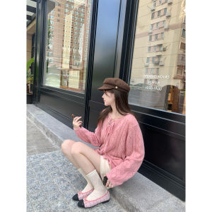 AHY แคชเมียร์ แขนยาว เสื้อสเวตเตอร์ถัก ผู้หญิง หลวม ผ้าขนสัตว์คอกลมสีลูกกวาด เสื้อสเวตเตอร์ ฤดูใบไม้ร่วงมาใหม่สไตล์การเดินทาง