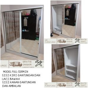Lemari pakaian pintu sliding 2 pintu full cermin frameless - Lemari baju