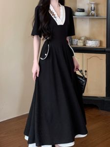 Summer French Design Sense Color Block Embroidery Belted Slimming Hepburn Little Black Dress Womens plus Size Dress V-neck A-line Skirt