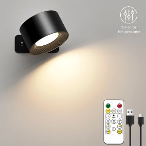 LED Wall Lights with Remote Rechargeable Wall Mounted Reading Sconces Lamp 2000mAh 3 Colors & Dimmable Magnetic 360° Rot