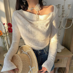 Slim Fit Long Sleeve T-Shirt French Style Side Shoulder Flared Sleeve Base Shirt White Top for Women Autumn Fashion Ladies Tee