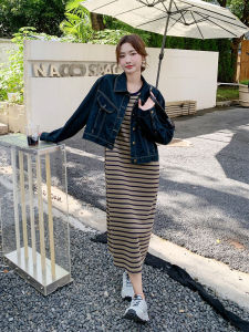 ชุดเดรสลายทางสีบล็อกสไตล์ย้อนยุคสำหรับผู้หญิง ฤดูใบไม้ร่วง 2023 ชุดเดรสยาวทรงเอคอตั้งแขนยาวสไตล์เกาหลี ชุดเดรสสองชิ้น