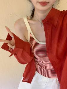 Retro Red Tencel Shirt Womens Summer Thin Fancy Loose Casual Sun Protection Cardigan Chiffon Shirt Coat