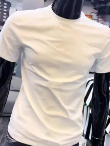 Mens Classic Solid Color Basic Short Sleeve Elastic Breathable Slim Fit Casual T-Shirt Base Shirt Summer Trend round Neck