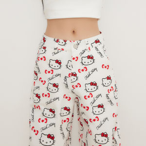 QIAOMIDUO | Cartoon Cat Full Print Graffiti Thin Denim Womens Summer Casual Pants High Waist Wide Leg Cotton Jeans Loose Fit Summer 2025