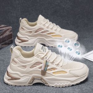 2025 New Summer Mens Running Shoes Breathable Mesh Sporty Casual Dad Shoes Anti-slip Low Top Leather Patchwork Rubber Sole