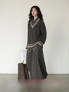 EIGHTHMONTH French Long Casual Skirt Womens New 2025 Gray Draping Large Hem Sweatshirt Skirt High Waist Midi Skirt