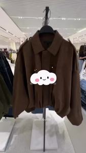 2025 Women Fashion Solid Brown Suede Crop Coat Female Loose Pleated Hem Jacket With Zipper Pocket Thick Oversized Outwear
