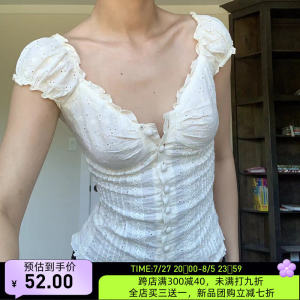 French Vintage Floral Hook Short Sleeve T-Shirt Slim Fit Bubble Sleeve Court Collar Top for Young Women Summer Cotton Shirt