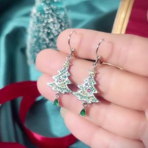 Huitan Gorgeous Christmas Tree Shaped Drop Earrings for Women Party Inlaid Sparkling CZ Jewelry New Year Colorful Jewelry Gift