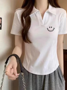 Korean Style Slim Fit Short Sleeve T-Shirt Women Summer Fashion V Neck Polo Shirt Pure Cotton Top Regular Sleeve Length Printed Casual