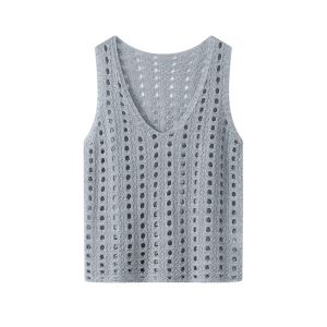 YUEZHONGWEI | White V-Neck Hollow Out Hole Ice Silk Linen Knitted Vest Women Summer Outerwear Loose Slimming Sleeveless Tank Top Shirt