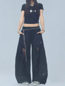 Korean Style High Waist Wide Leg Jeans Patchwork Hole Dancing Pants Women Summer Design Jazz Spicy Girl Casual Pants Trendy