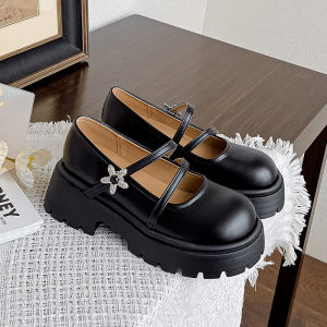 Retro Academic Style Thick Heel Mary Janes Womens Shoes for Skirts Heightening Black One-Strap Diamond Large Size Fashionable Casual Pumps