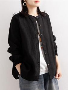 เสื้อเชิ้ตคอโปโลแขนยาวผ้าฝ้ายลินินสไตล์ย้อนยุคสำหรับผู้หญิง ทรงหลวม แขนพับ ปกติ สีสันสดใส ฤดูใบไม้ร่วง 2024