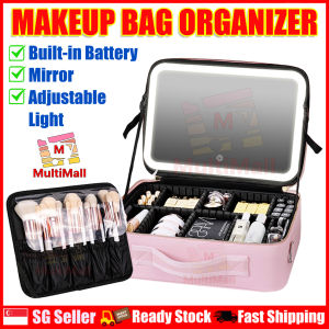 Makeup Case with Light & Mirror Pink Large Portable and Large Capacity Travel Cosmetic Train Case with Mirror Lights Adjustable Dividers Makeup Brushes Storage Organizer Black