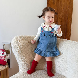 ชุดเดรสเด็กผู้หญิงสไตล์เกาหลีฤดูใบไม้ร่วง 2025 ชุดคาร์ดิแกนถักแบบสวมคอกลมพร้อมกระโปรงยีนส์ ชุดเด็กผู้หญิง