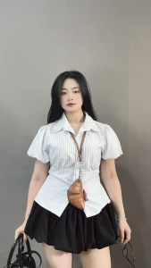 Áo sơ mi kiểu bigsize nữ tay bồng cột dây thắt eo tôn dáng vải kate thái sọc mềm mát tiểu thư thanh lịch -SM189