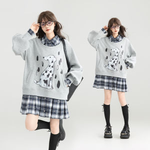 KEIKO American Style Spot Dog Printed Loose Sweater Dress Fake Two-Piece Design Spring Autumn Winter Commute Elegant Lady Dress