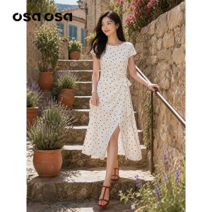 OSA | French Polka Dots Short Sleeve Slimming Cinched Waist Midi Dress
