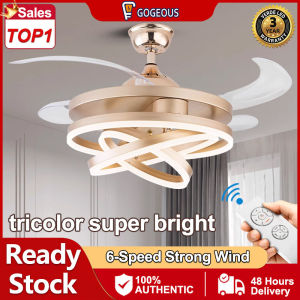 GOGEOUS Invisible ceiling fan with light with remote 42inch ceiling fans for living room ceiling fan with led light chandelier with fan 3 colors dimming 6 speed wind ceiling fan heavy duty ceilings fan for garage bedroom kitchen dinning