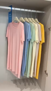 FINETOO Women Ice Silk A-Line Long Dress Nightwear Loose Cool Loungewear Solid Color Pajama Wearable Outside