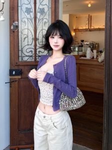 CHANGTONG | Elegant Style Outfit Set Purple Cardigan Floral Camisole