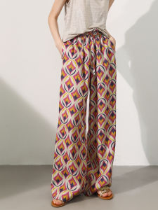 Miccbeirn | Slimming Pure Hanflax Vintage Diamond Print Casual Pants Design Sense Fashion Lazy Style Straight Wide Leg Trousers