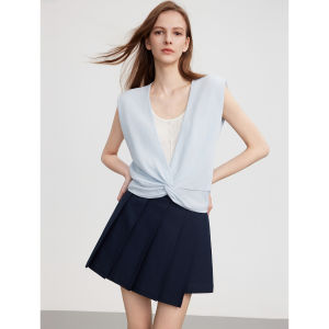 ELLE Elegant Fashionable Knitted Sleeveless Top Womens Summer New Folded Design Sense T-shirt Upper Thin Short Length