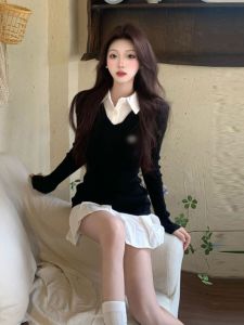 CHANGTONG | Chic Polo Collar Splice Knitted Mini Dress Fake Two-Piece Date Night Gown Korean Style Small Size Heat Seeking City Commute