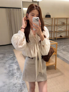 JUSTQUEEN | Áo Sơ Mi Thiết Kế Mới Cổ V Tay Bồng Phong Cách Pháp