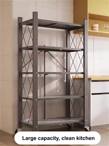 [ Tidak Ada Instalasi ] Rak Dapur Lipat 5 Susun Stainless Rak Besi Roda Rak Penyimpanan Susun Rak Dapur Multi-fungsi