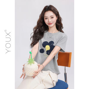 Artistic Grey Short Sleeve Printed T-Shirt Womens Casual Versatile Top Commute Style Korean Floral Cotton Blend Summer 2025