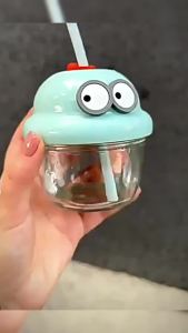 HB 210ml Mini Glass Cup with Lid and Straw Cartoon Glass Milk Juice Cup