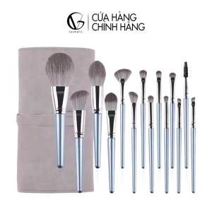 Bộ cọ trang điểm cá nhân GUVIET set 14 cây màu xám bạc có bao da hoặc ống cắm