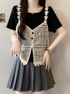 AIYITI | Lace Splicing Black Short Sleeve T-Shirt for Women Plus Size