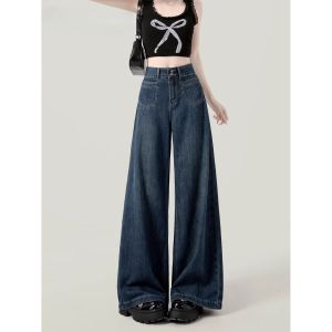 American Style High Waist Straight Leg Jeans Womens New 2024 Loose Slimming Drapey Floor-Length Wide Leg Pants