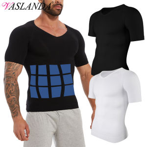Mens Slimming Compression Shirt Body Shaper V-Neck Undershirt Shirts Workout Abs Abdomen Tummy Control Shapewear Tops