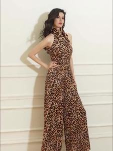 Summer New Leopard Print Halter Wide Leg Jumpsuit